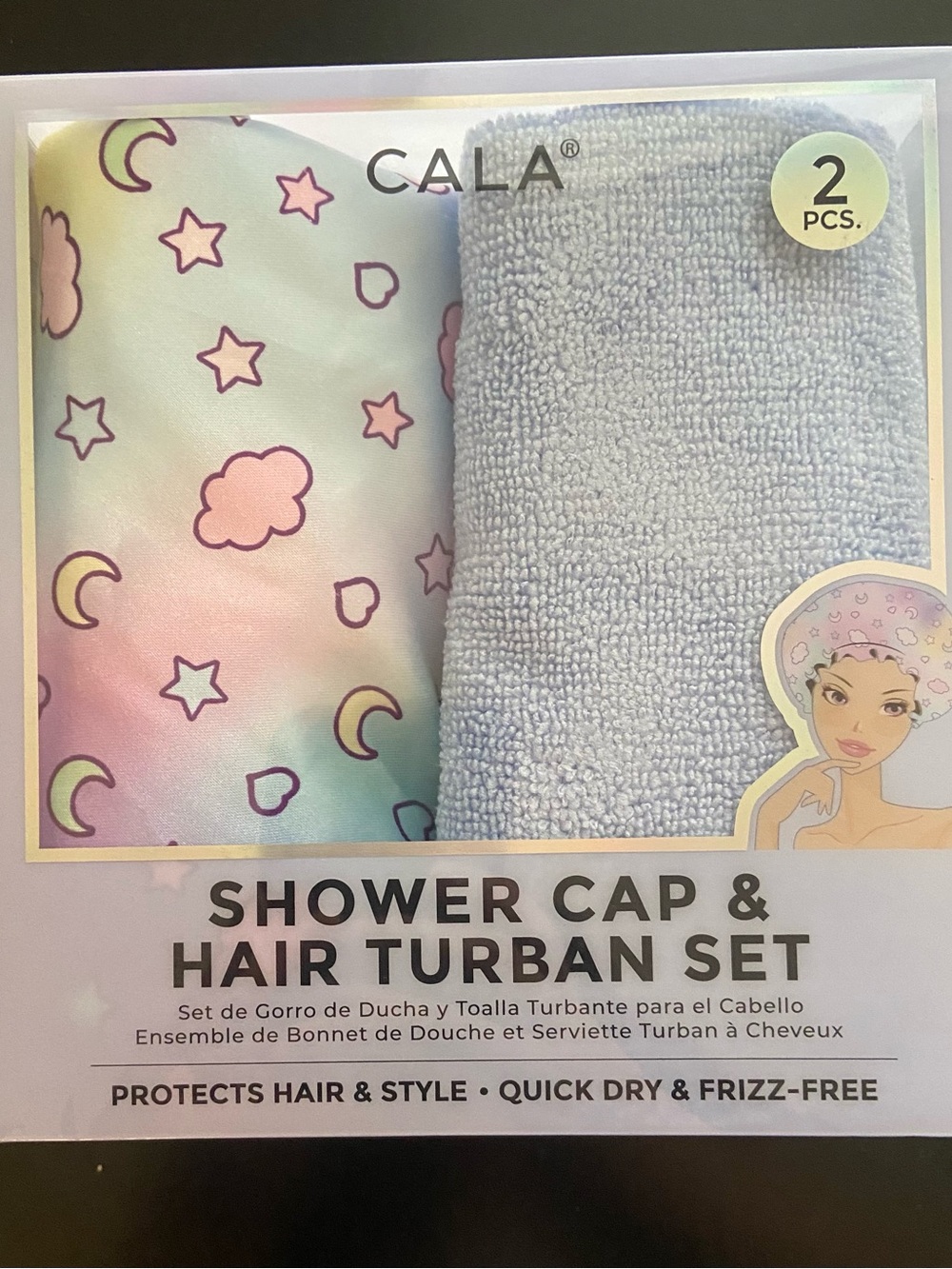 Shower Cap & Hair Turban Set - Pastel Rainbow & Light Blue